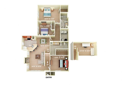 Floor plan for 3 beds, 2 baths, 1499 sqft